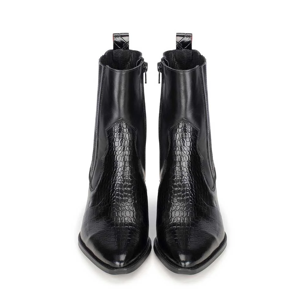 Black Croc Embossed Pointed Toe Chelsea Ankle Boots with Zipper