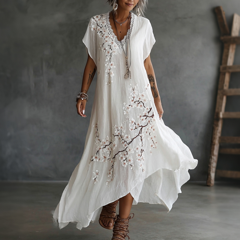 Comstylish Vintage Japanese Cherry Blossoms Art V Neck Linen Maxi Dress
