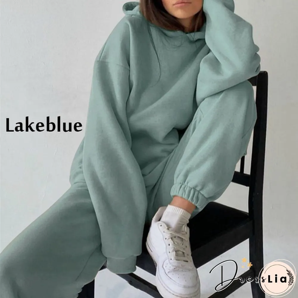 10 Colors Women Casual Sets Warm Hoodie Sweatshirts And Long Pant Solid Color Tops+ Leggings Loose Ladies Sport Suit Tracksuit Sportwear Two Piece Sets Outfit Playsuit