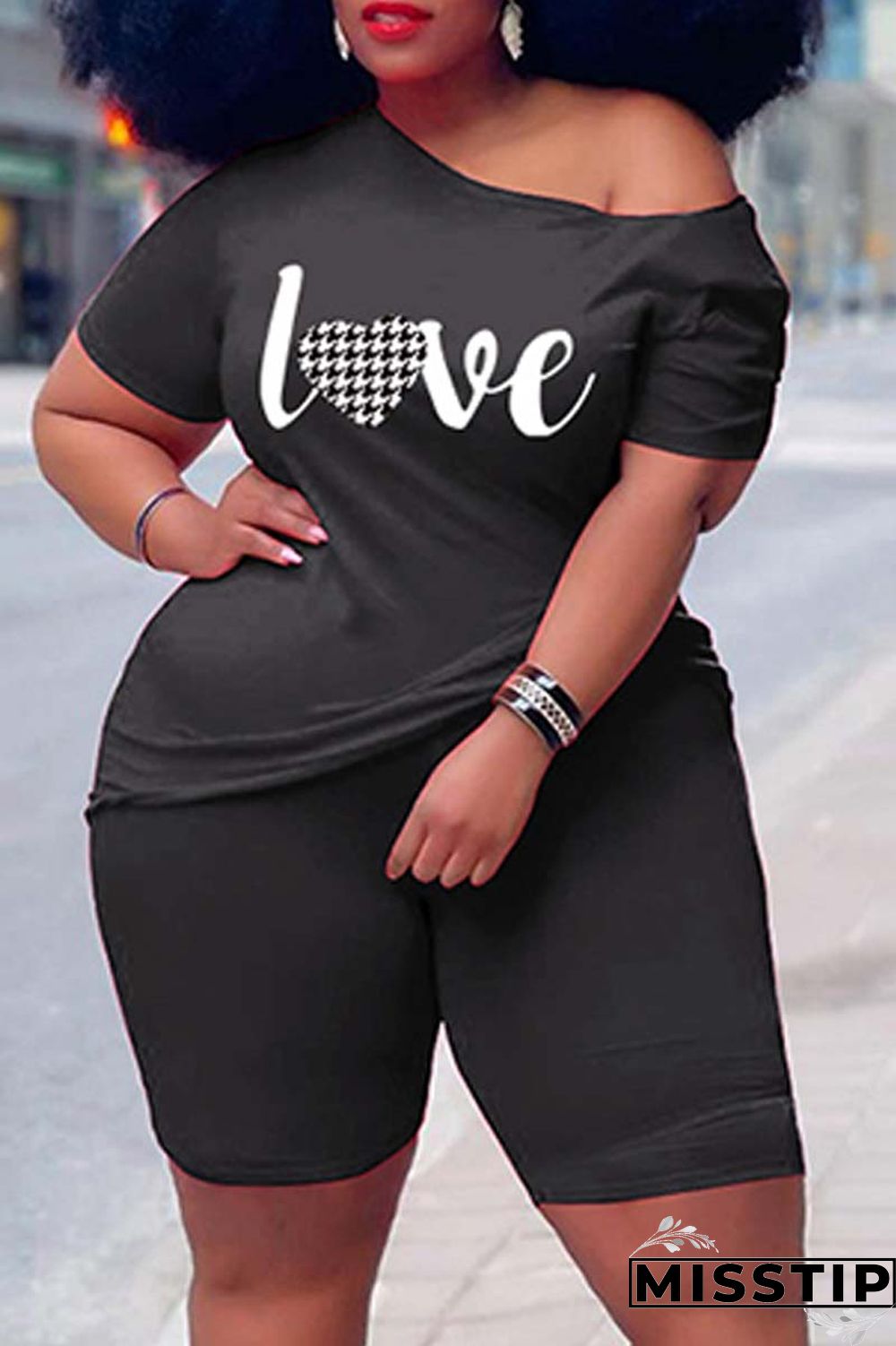 Orange Casual Print Basic Oblique Collar Plus Size Two Pieces