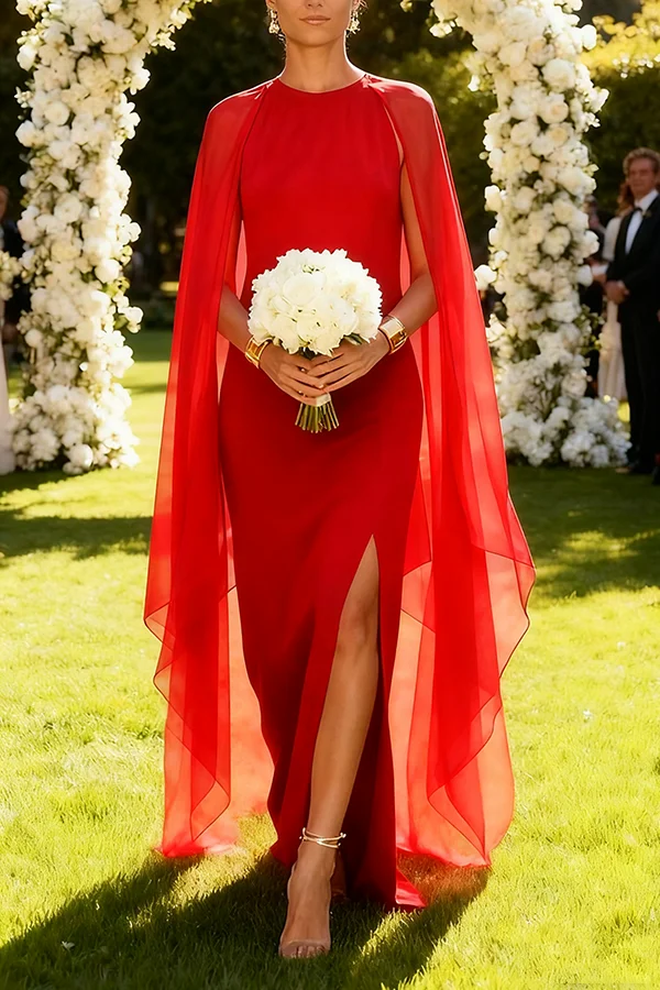 Elegant Thigh Split Hem Cloak Sleeve Maxi Dress