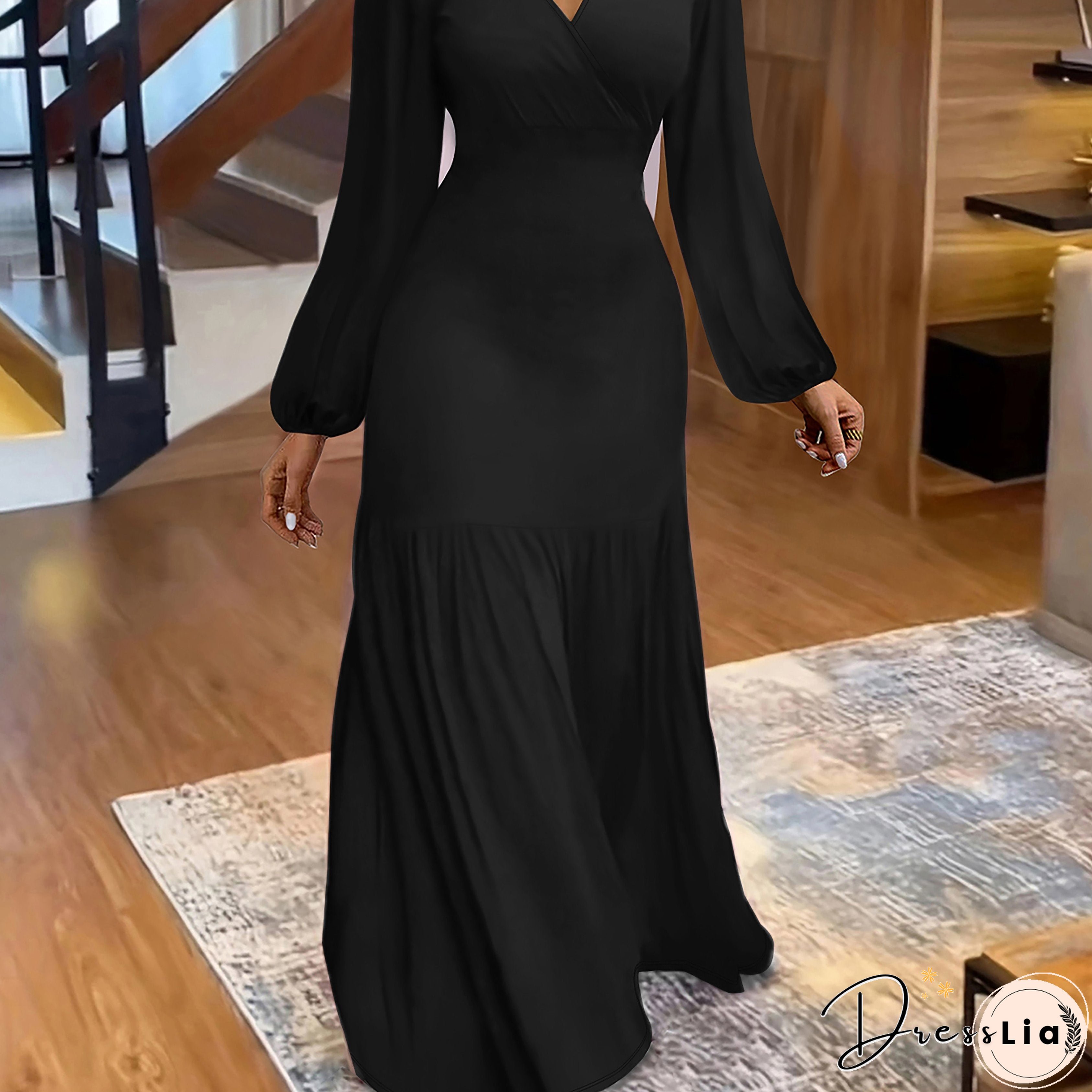 Ruched Solid Dress, Elegant V Neck Lantern Long Sleeve Maxi Party Dress, Women's Clothing