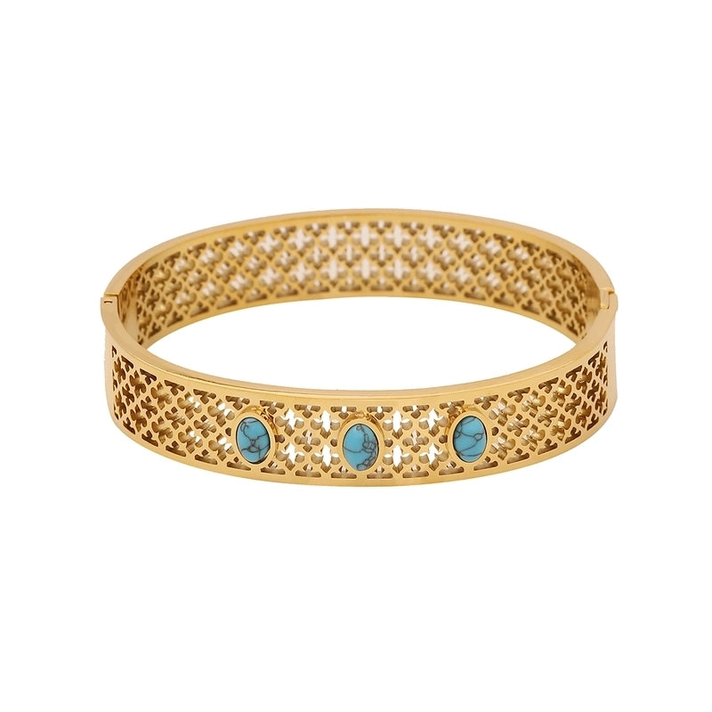 Vintage Style Minimalist Irregular 304 Stainless Steel 18K Gold Plated Turquoise Bangle In Bulk