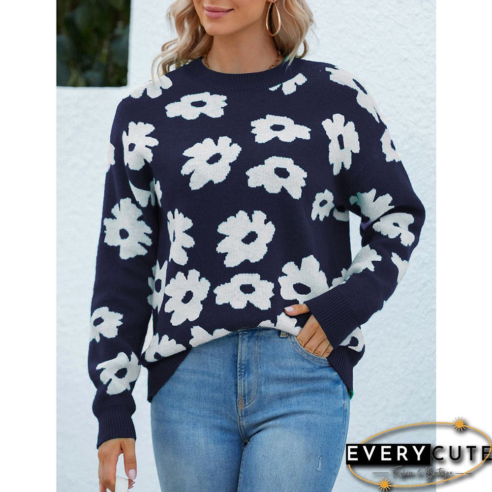 Navy Blue Flower Print Crew Neck Long Sleeve Knit Sweater