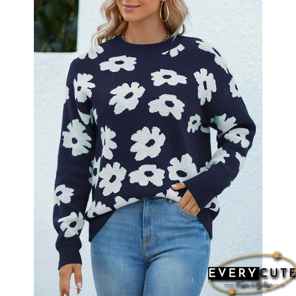 Navy Blue Flower Print Crew Neck Long Sleeve Knit Sweater