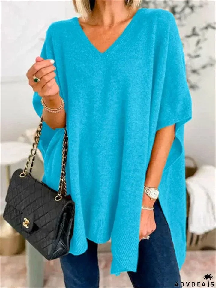 Chic V-neck Loose Knitted Poncho Sweater for Women