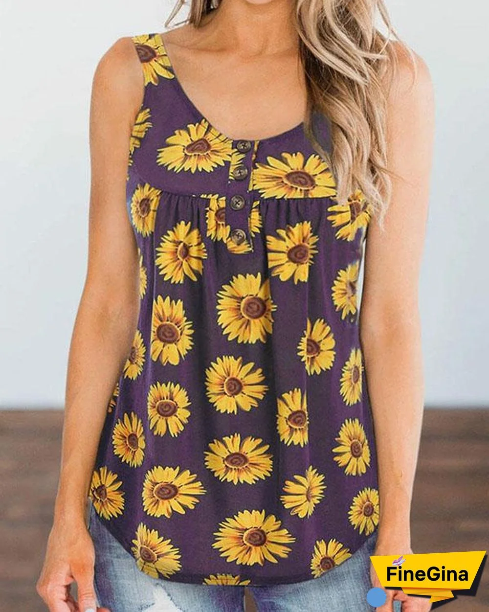 Plus Size Round Neck Button Decor Sunflower Print Tank Tops