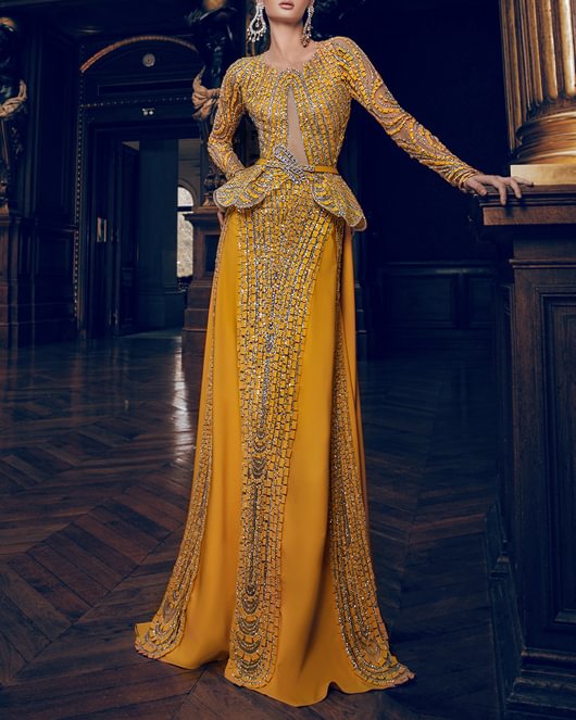 Elegant Yellow Geometric Embellishment Mosaic Dress