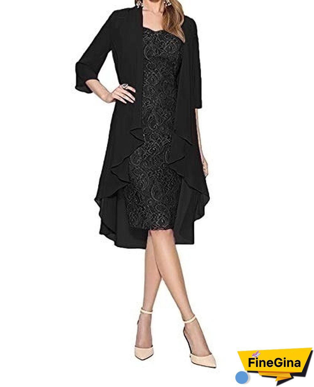 Fashion Women 2 Piece Set Dress Knee Length Lace Dress + Long Sleeve Irregular Cardigan Elegant Evening Dress Wedding Party Gown Plus Size Xs-5Xl
