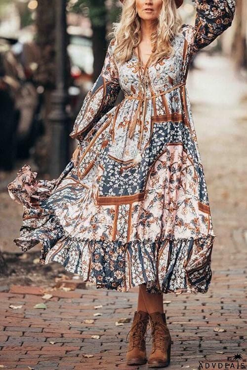 Bohemia Print Long Sleeve Maxi Dress