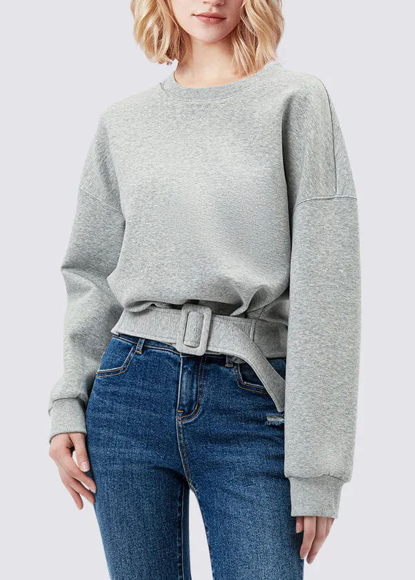Plus Size Grey Patchwork Sashes Sweatshirt Lantern Sleeve