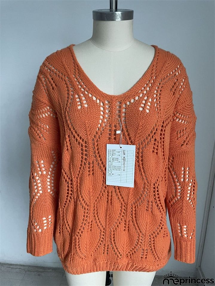 Fashion Hollow Design Casual Solid Color V-Neck Knitted Pullover Sweater