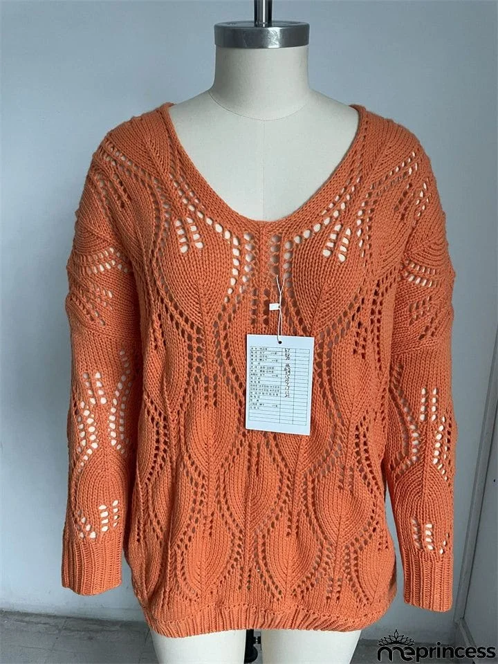 Fashion Hollow Design Casual Solid Color V-Neck Knitted Pullover Sweater