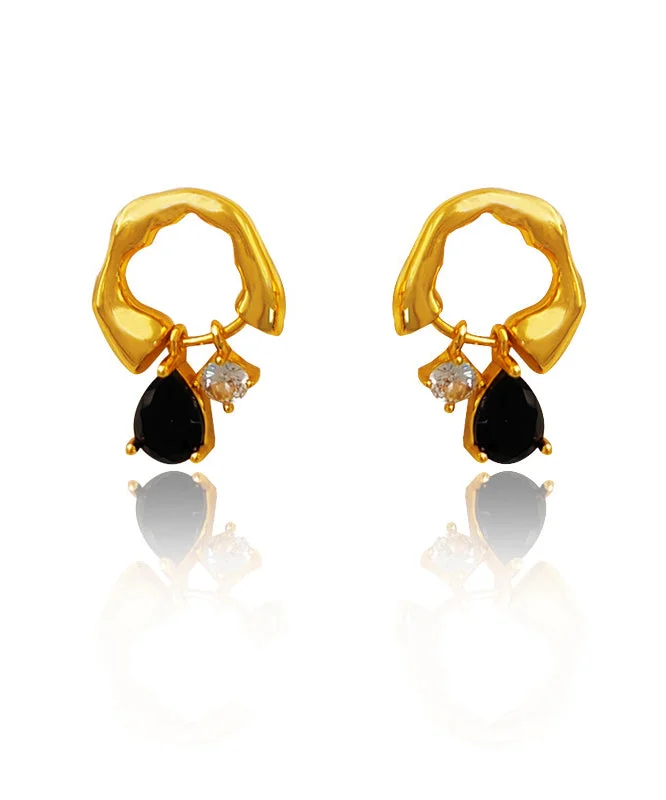 Boutique Black Asymmetrical Copper Glod Plated Zircon Glass Hoop Earringss