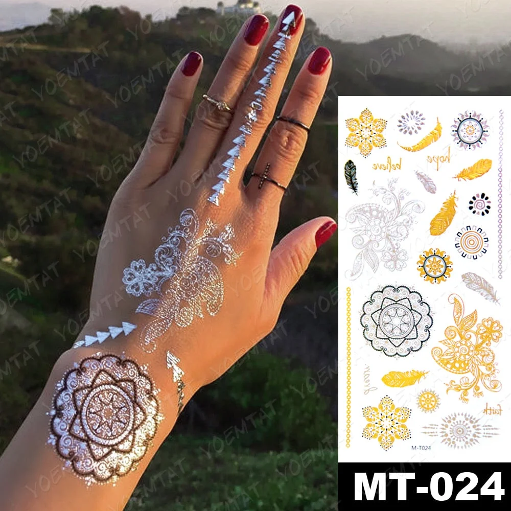 Waterproof Temporary Tattoo Sticker Mandala Henna Gold Silver Metallic Flash Tatoo Boho Party Jewelry Glitter Bracelet Body Art