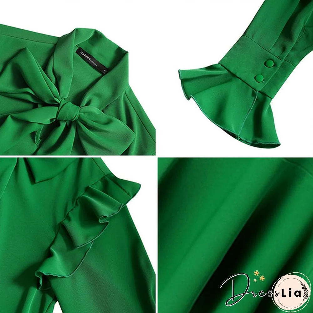 Women Long Sleeved Mini Dress Vestidos Bowknot Ruffled Party Elegant Casual Pleated Short Dress Plus Size