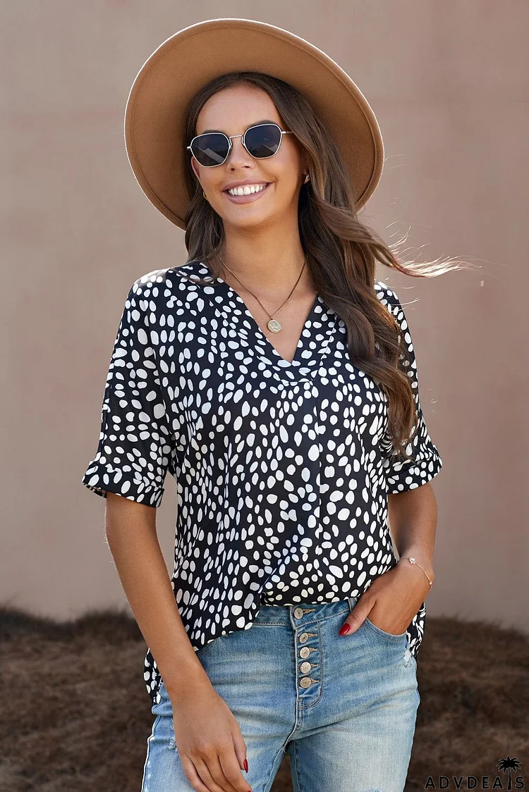 Casual Black Chloe Animal Print V-neck Rolled Sleeve Tunic Top