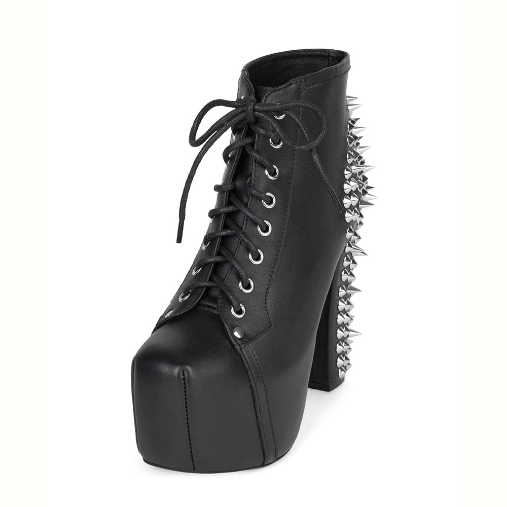 Black Round Toe Rivets Chunky Heel Lace Up Boots with Platform Nicepairs