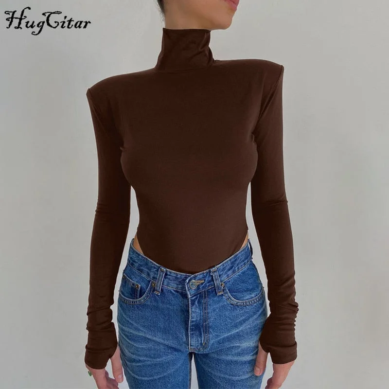 Hugcitar 2020 Long Sleeve Shoulder Padded Backless Sexy Bodysuit Autumn Winter Women Fashion High Neck Pure Romper Body