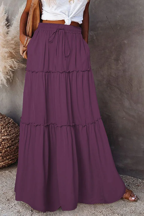 Women's pure color knee-length dress with lace casual long skirt