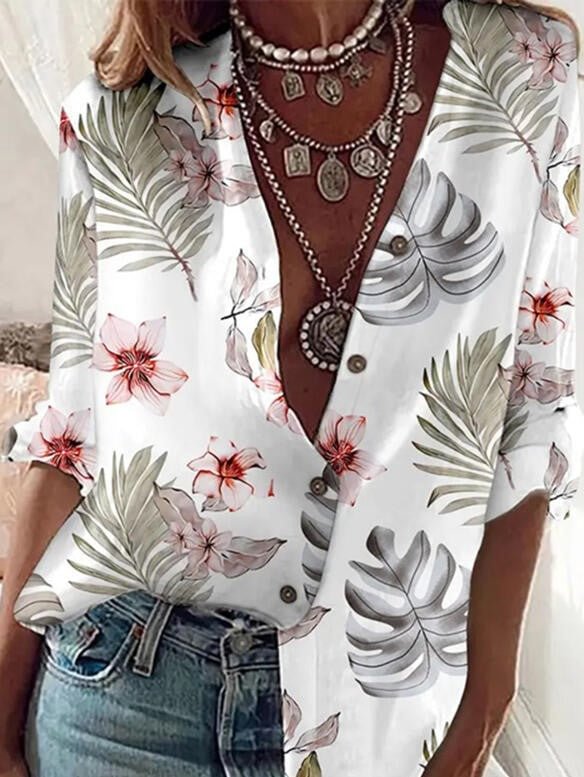 Print Floral Leaves V-Neck Long Sleeves Casual Blouses shopify LILYELF