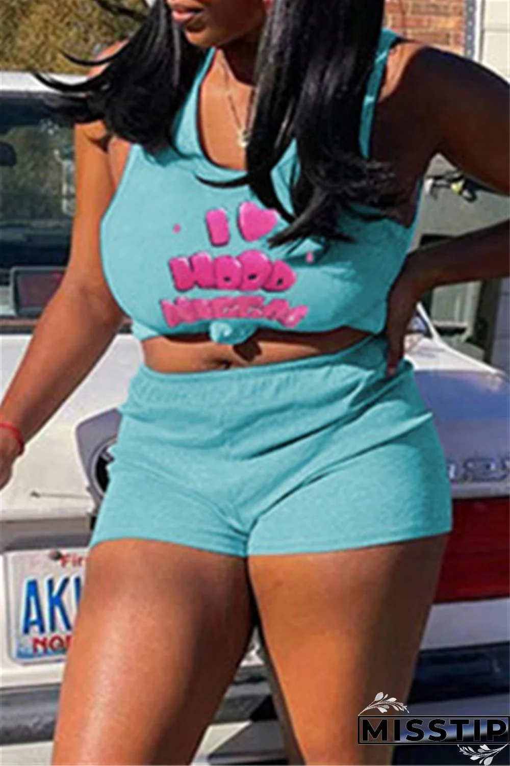 Lake Blue Casual Sportswear Print Basic U Neck Sleeveless Two Pieces