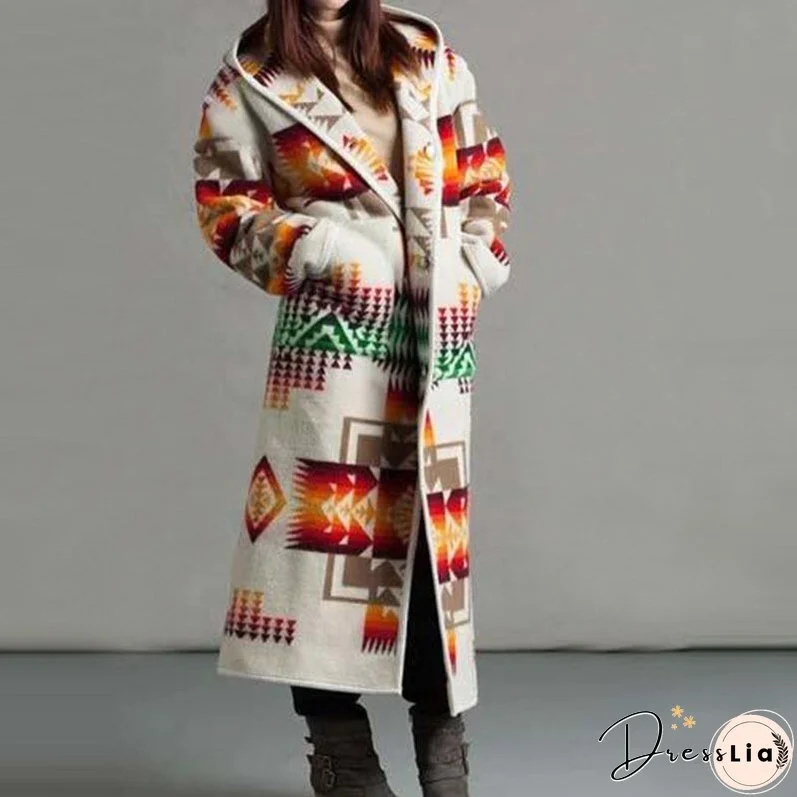 Women Elegant Geometric Print Hooded Coats Fashion Button Pocket Warm Long Cardigan Mujer Autumn Winter Vintage Overcoat Trench