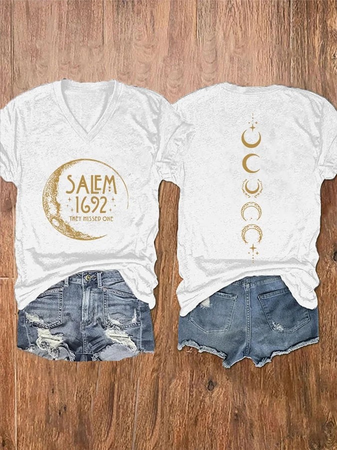 Women's Halloween Salem 1692 They Missed One Print V-Neck T-Shirt