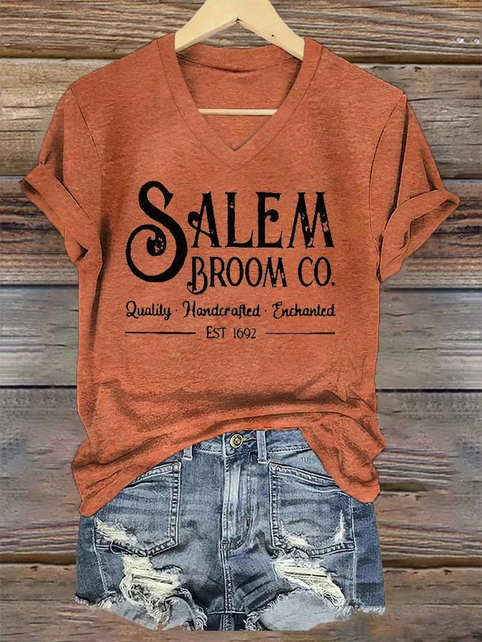 Women's Salem Broom Co Quality Handcrafted Enchanted Est 1692 Print T-Shirt