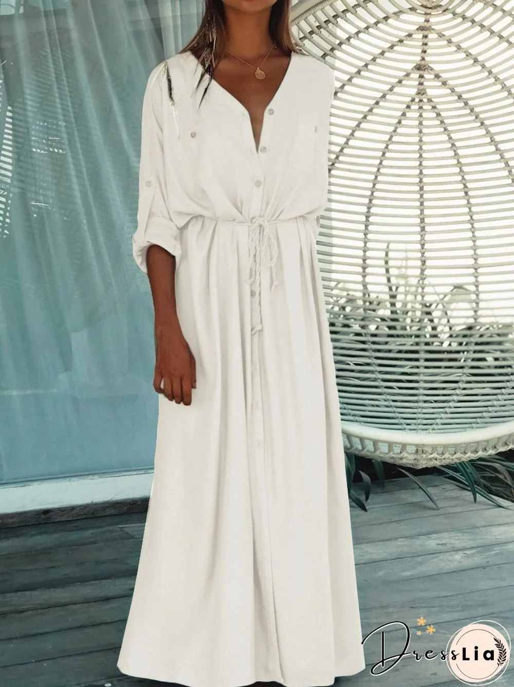Single-Breasted Belt Beach Sun Protection Shirt Long Dress