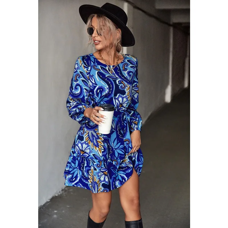 Summer Women's Round Neck Commuter Print Long Sleeved Dress High Waist Elegant A-line Skirt  Dress
