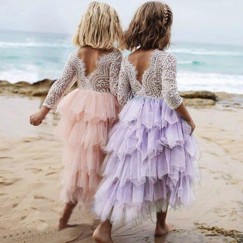 2021 Summer Autumn Girls Princess Dress Lace Party Dress Back Hallow Out Kids Vintage Vestido Flower Children Clothes 3 to 8 yrs