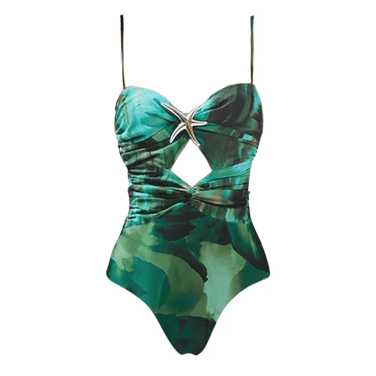 Green Printed Folds One Piece Swimsuit and Skirt