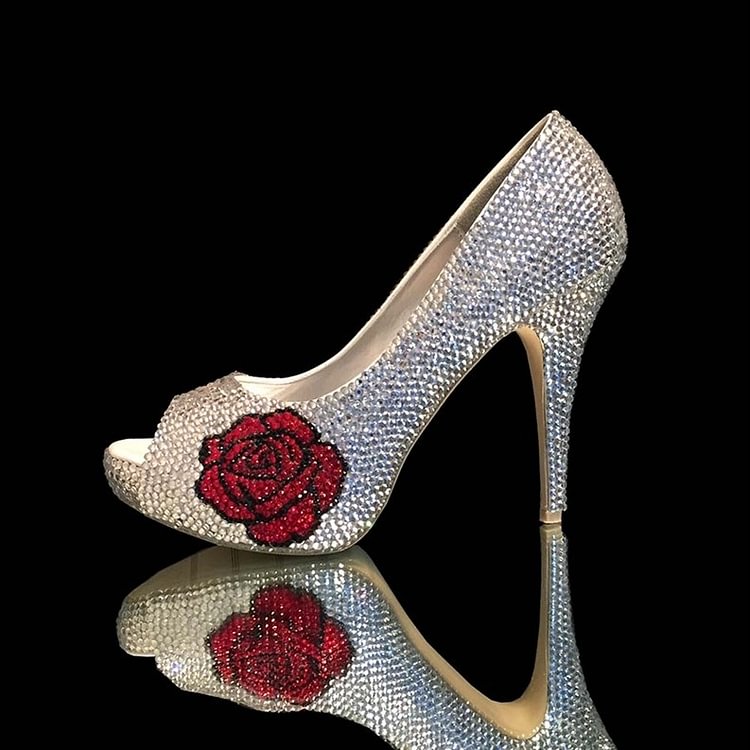 Beauty and the Beast Silver Rhinestone Heels Rose Halloween Pumps |FSJ Shoes