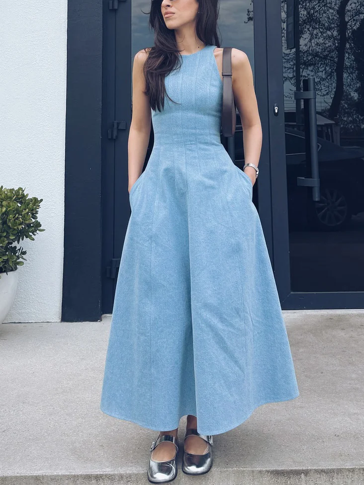 Denim Round Neck Pocket Sleeveless Dress