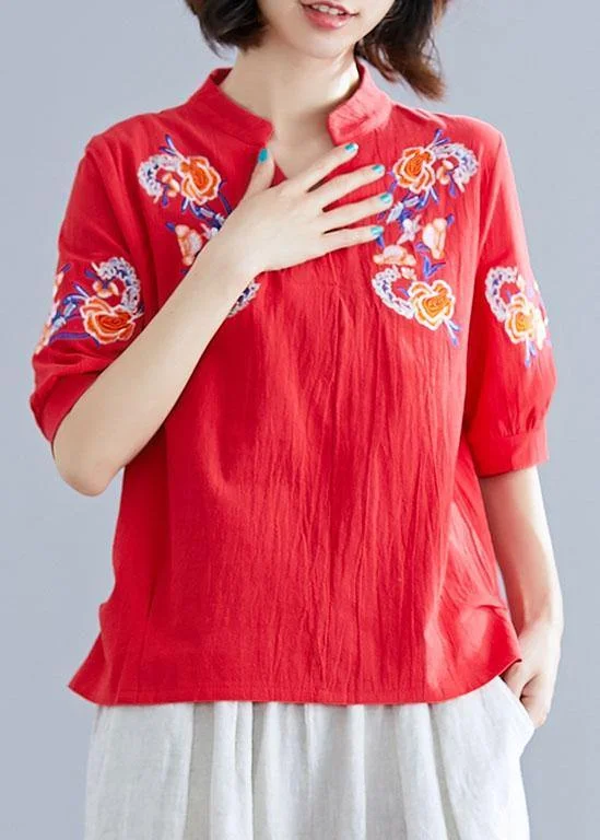 Modern v neck linen cotton crane tops red embroidery silhouette shirts summer