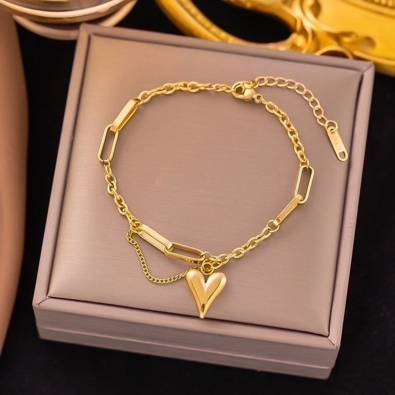 Sweet Minimalist Heart Shape 304 Stainless Steel 18K Gold Plated Plating Chain Bracelets Necklace