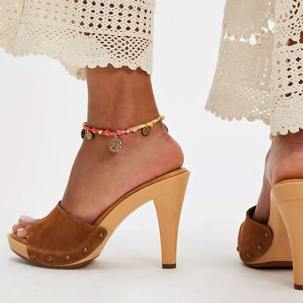 Brown Open Toe Wide Strap Studded Slip On Mule Shoes for Women