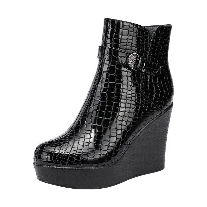 Breakj Breakj Slope And Short Boots Women Thick-Bottom Waterproof Leather Boots Light And Slip Single Boots Autumn And Winter Side Zipper Plus Velvet Martin Boots