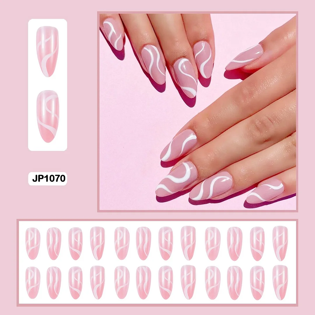 24Pcs/Set French Contracted Artistic Line Drip Shaped Short Wearable False Nails With Glue Manicure Art Tools Fake Nails-Nail Inspo