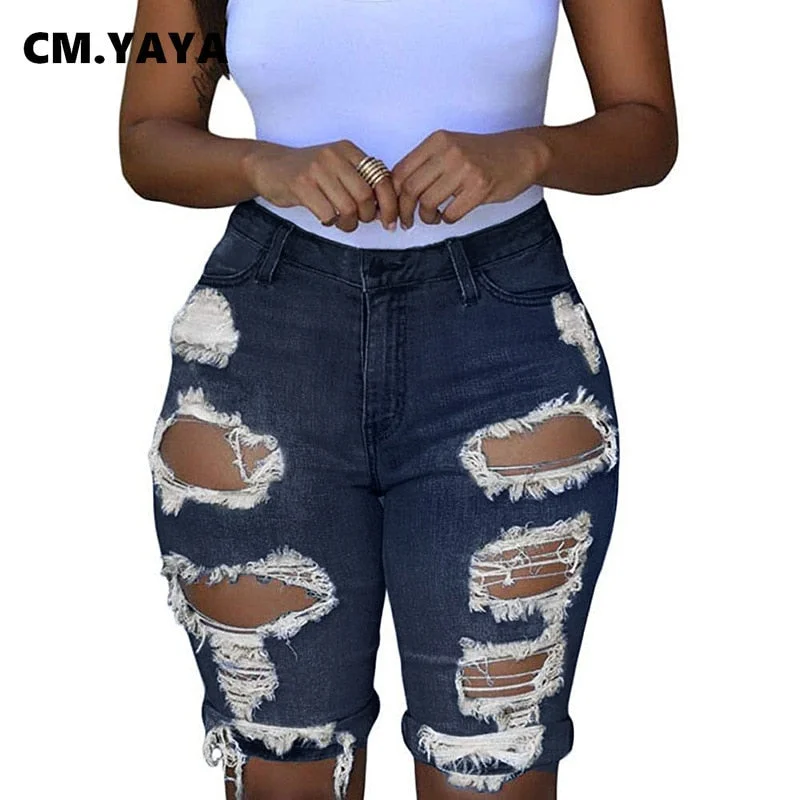 Women New Winter Hole Ripped High Waist Casual Zipper Fly Knee Length Jeans High Streetwear Denim Shorts Fashion Pants