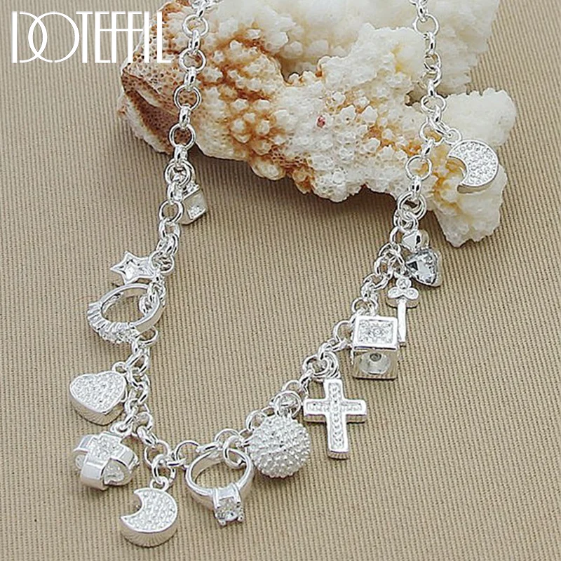 DOTEFFIL 925 Sterling Silver Cross Heart Moon Ball Multiple Pendants Chain Necklace For Woman Jewelry 