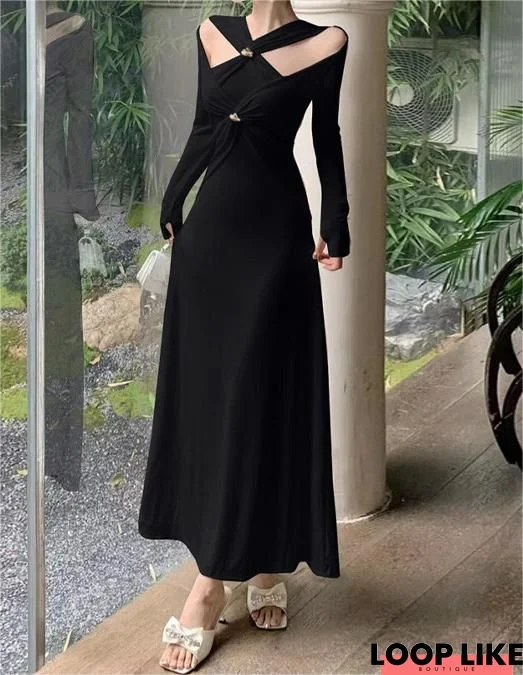 Elegant Acrylic Plain Long Sleeve Midi Dress