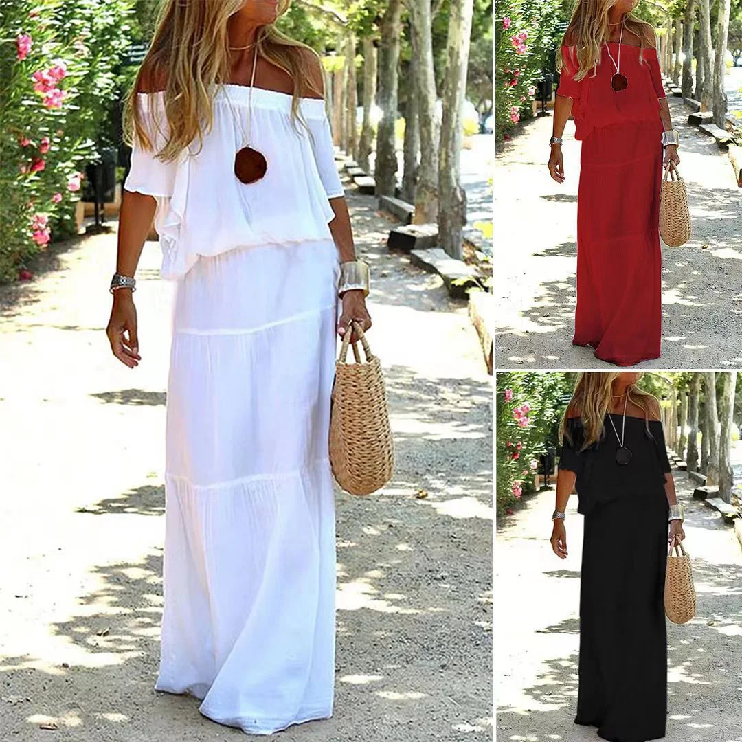 Uveng Uveng Summer New Fashion Casual Shoulder Tight Waist Short Sleeve Loose Long Dress
