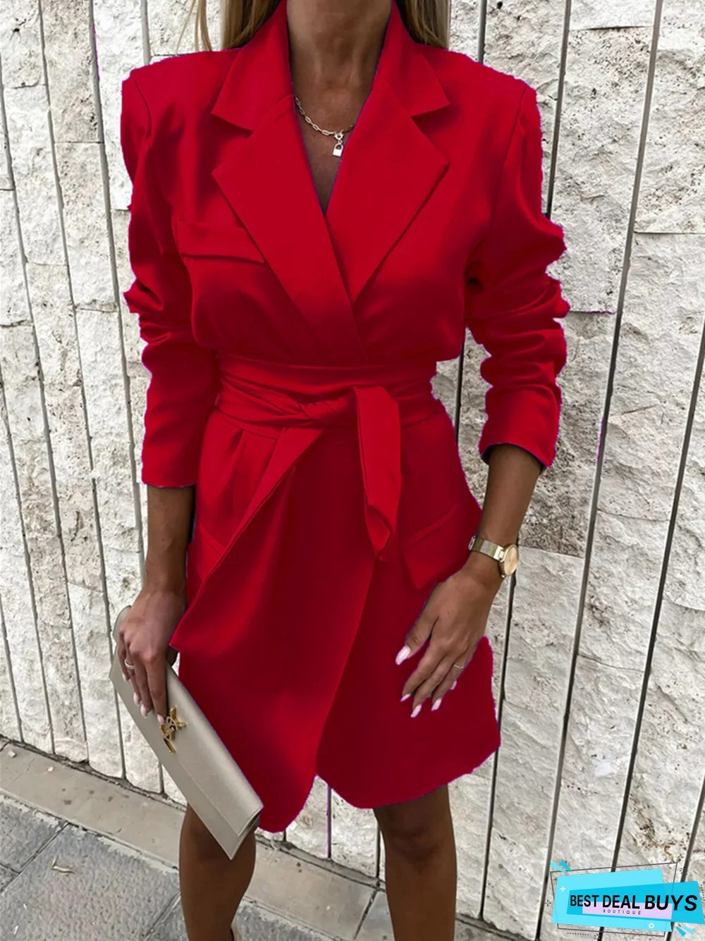 Waist-Tied Loose Candy-Colored Suit Collar Dress