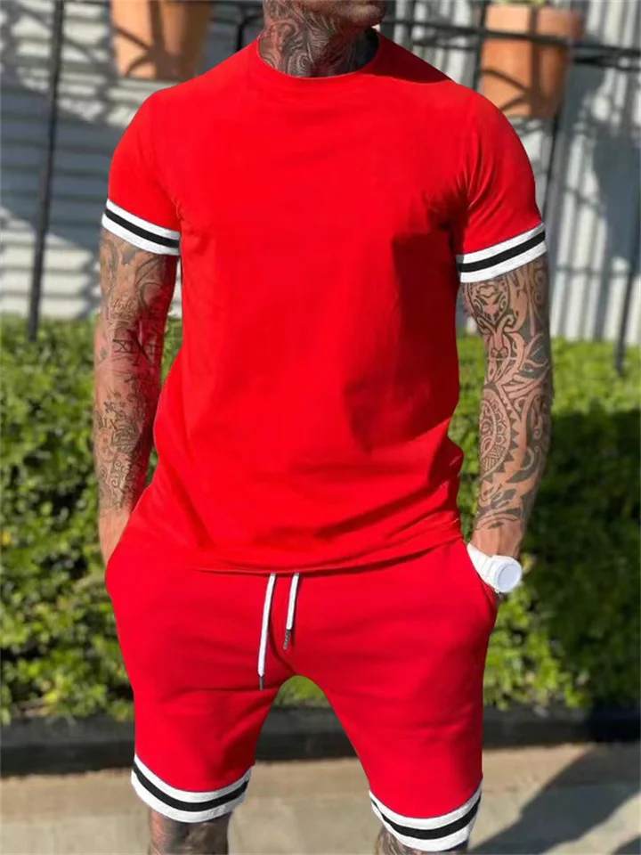 Light Mature Casual Men's Solid Color T-shirt Round Neck Short Sleeve Drawstring Shorts Two-piece Casual Sports Youth Suit-Cosfine