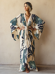 Women's Blue Floral Kimono Linen Robe with Belt