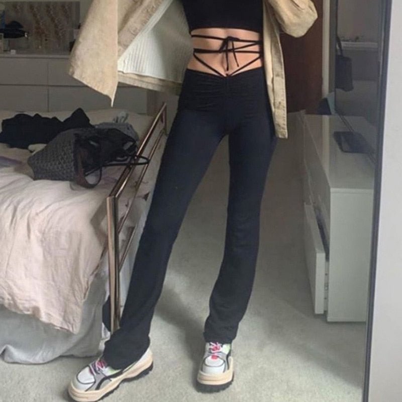 harajuku high waist hin thin Bandage Straight pants female high quality activity trousers kpop street leisure party pants