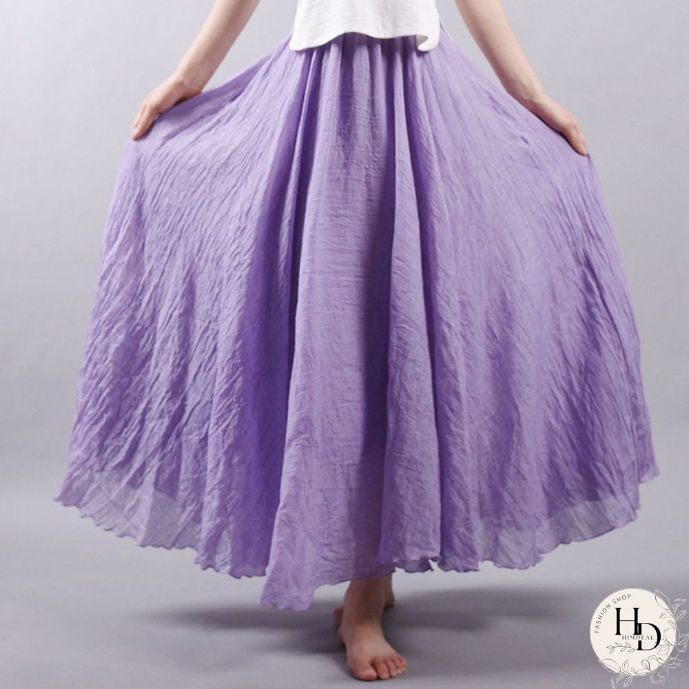 Womens Elegant High Waist Linen Maxi Skirt Summer Ladies Casual Elastic Layers Skirts Saia