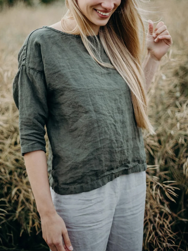 Button-back Crewneck Cotton And Linen Shirt hjn Shicloths